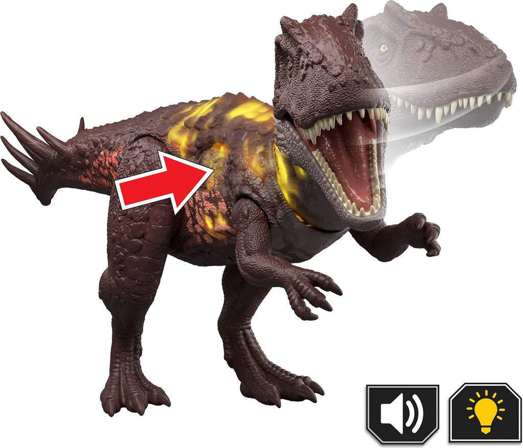 Mattel Jurassic World Wild Roar Metriacanthosaurus - Figura de acción de dinosaurio, sonido, ataque y luces, código de escaneo para juego digital