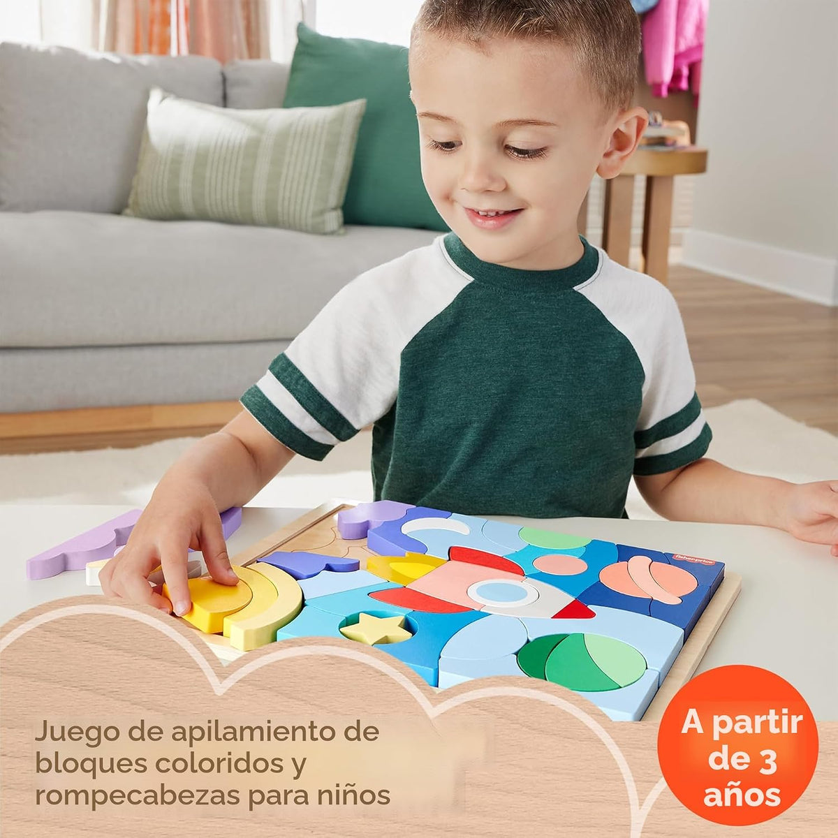 Fisher-Price Rompecabezas de bloques espaciales de madera para preescolar