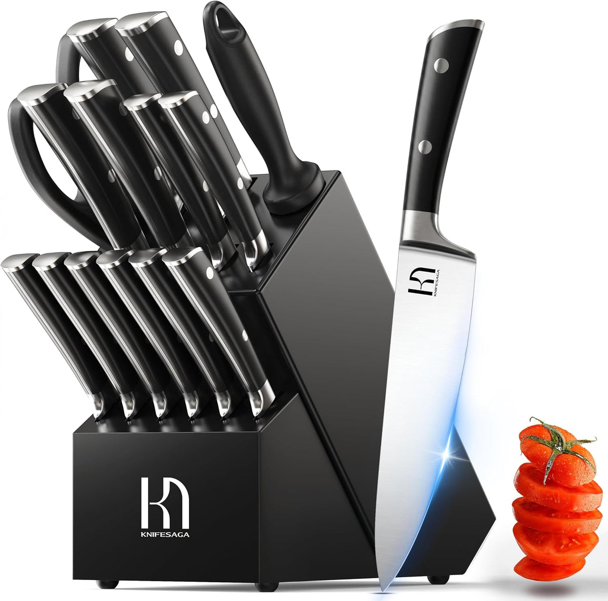 KnifeSaga - Juego de bloques de cuchillos de 15 piezas con afilador, espiga