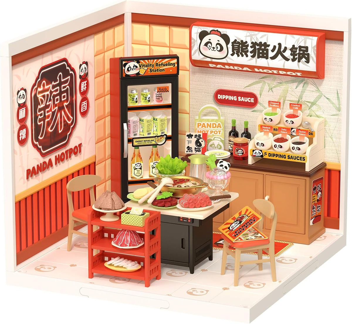 Rolife Super Creator - Juego de construcción de casas de plástico en miniatura con LED, adecuado para figuras pequeñas, juguetes de construcción, kit de diorama, regalos para adolescentes y adultos (Panda Hot Pot)