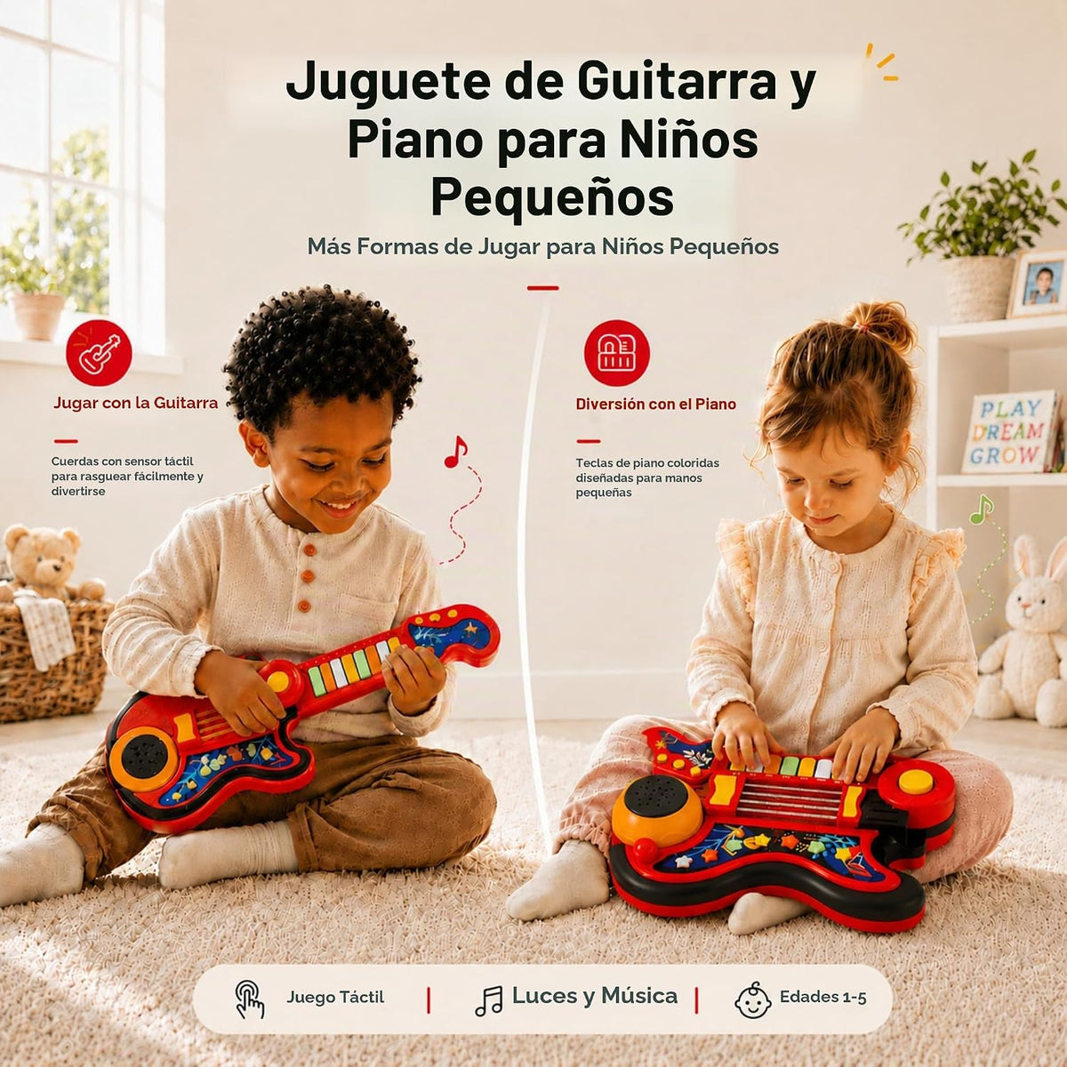 Juguete de guitarra para niños de 2 a 5 años, guitarra y piano para niños