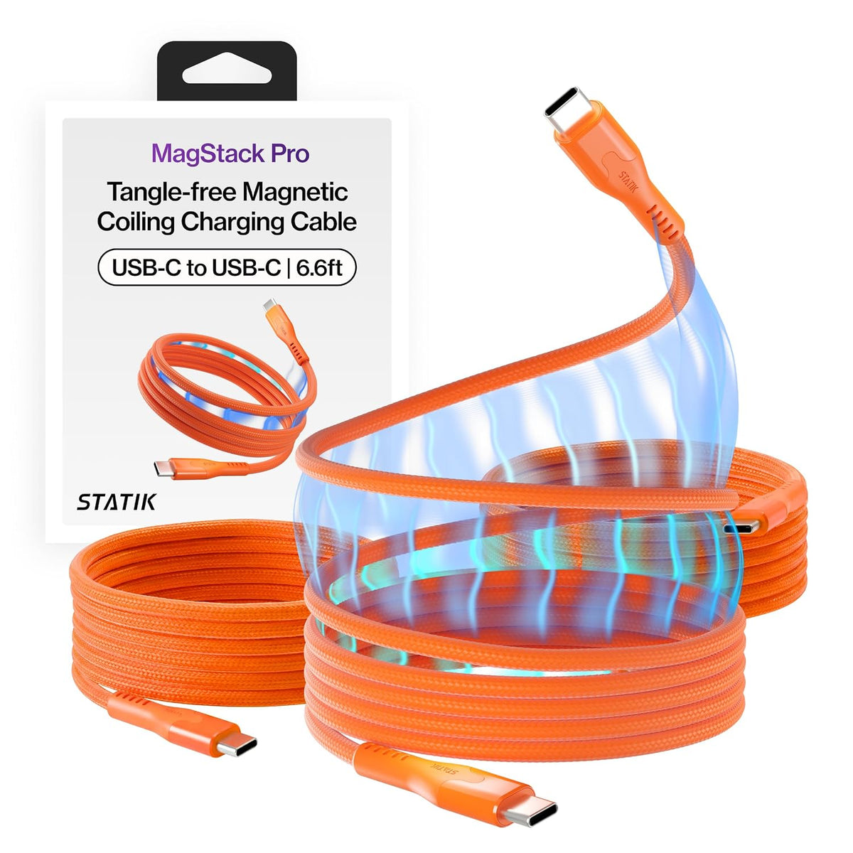 Statik MagStack Pro - Cable de carga magnético USB C a USB C, 100 W, diseño trenzado de nailon sin enredos, bobina magnética, transferencia de datos, compatible con iPhone y Android, 6 pies, naranja