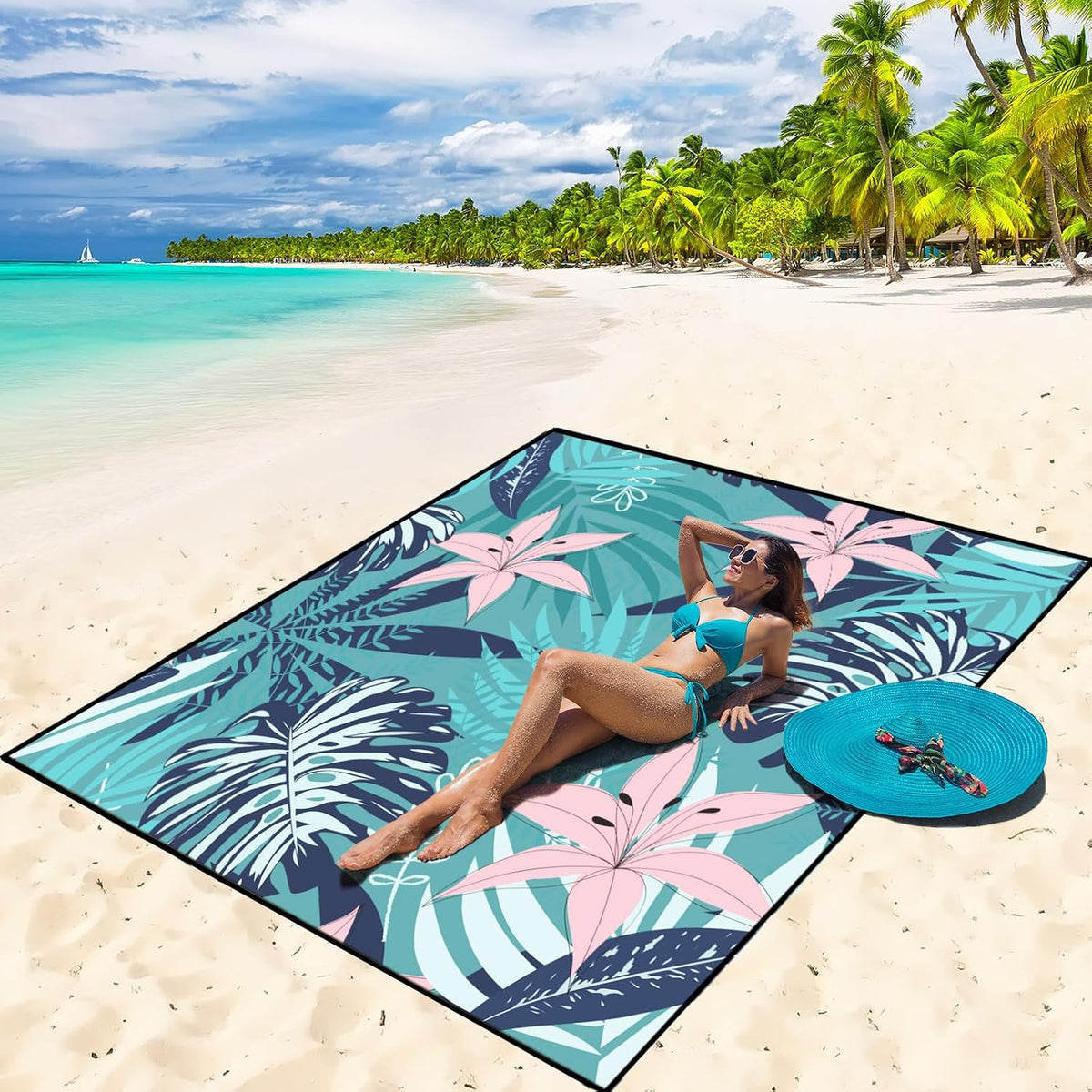 WIWIGO Manta de Playa Impermeable a Prueba de Arena Tapete de Playa 79" X 83"/10'x9' para 2-8 Adultos de Secado Rápido Tapete de Picnic al Aire Libre Accesorios de Playa para Viajes, Campamento