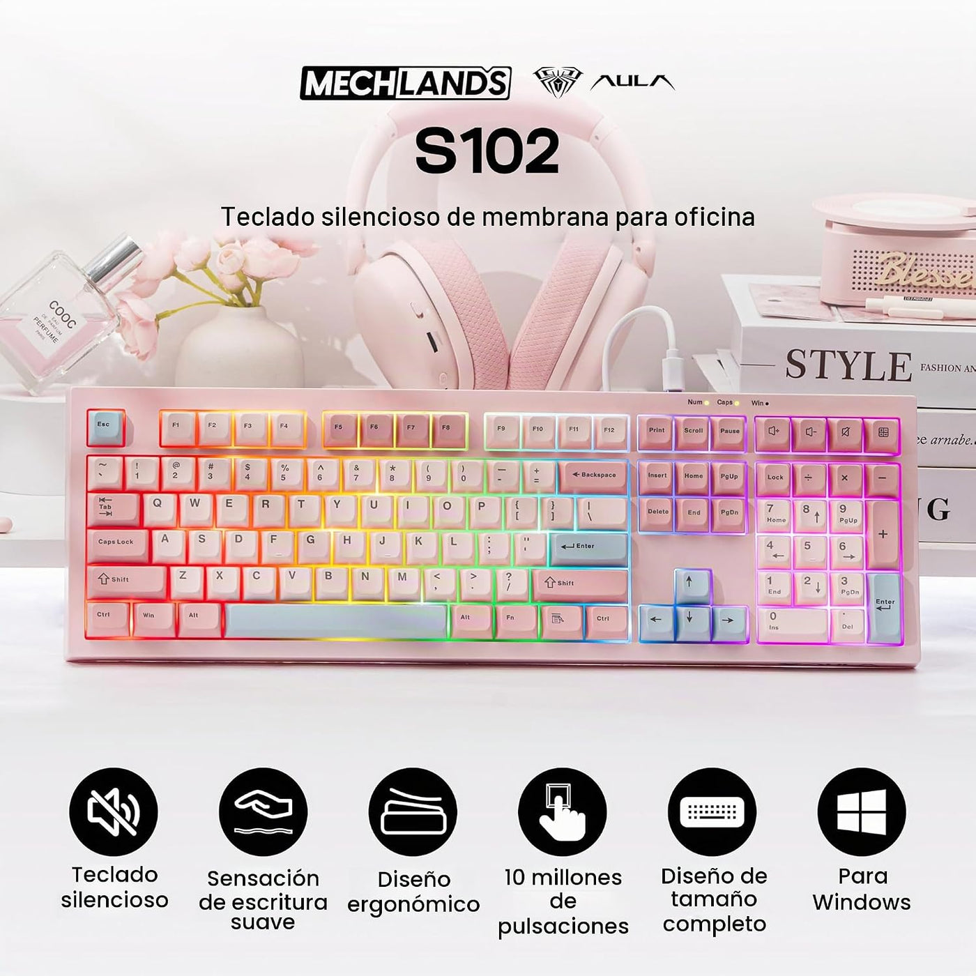 MechLands Aula S102 - Teclado de membrana para juegos con teclado n...