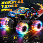 Camión monstruo de juguete a control remoto para niños, escala 1:20, 2.4 GHz, auto RC con luces, camión RC recargable todo terreno con 2 baterías recargables, regalo de juguete, cumpleaños, Navidad