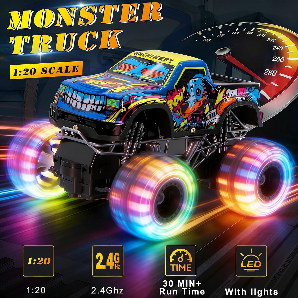 Camión monstruo de juguete a control remoto para niños, escala 1:20, 2.4 GHz, auto RC con luces, camión RC recargable todo terreno con 2 baterías recargables, regalo de juguete, cumpleaños, Navidad