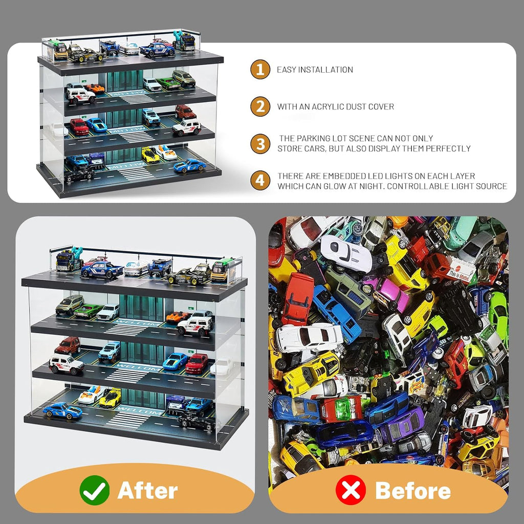 Estuche de exhibición para Hot Wheels Garage y autos Matchbox con luz LED, estuche de almacenamiento para Hot Wheels, diorama de garaje de estacionamiento con 4 niveles, máximo 58 autos a escala 1/64