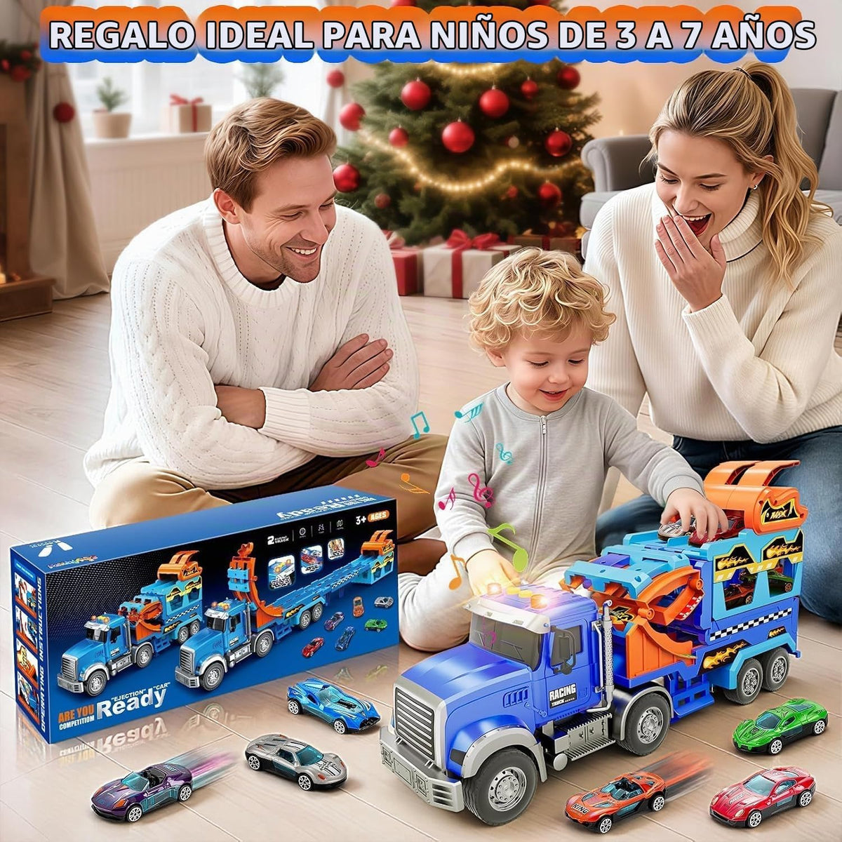 Juguetes para niños de 3, 4, 5, 6, 7, 8 años, camión transportador con sonidos de luces, regalo de cumpleaños de Navidad para niños pequeños, juego de pista de carreras de autos de capa plegable con pista de carreras, 6 autos de juguete de metal
