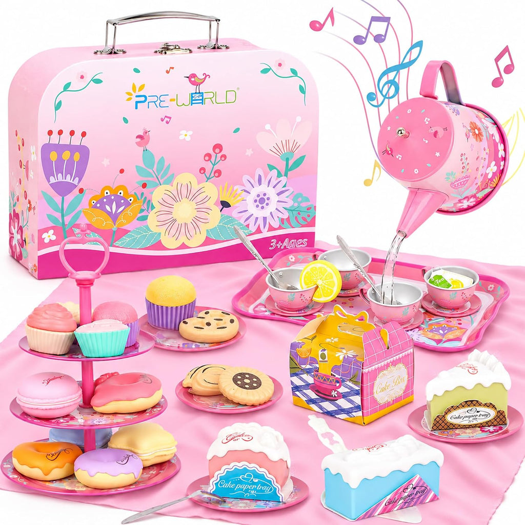 Juego de fiesta de té para niños de 3 a 5 años, PRE-WORLD juego de té musical para niñas pequeñas con postres, galletas, donas, pastel, soporte para pastel, mantel y estuche de transporte, juguetes de