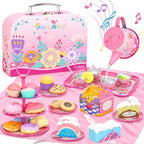Juego de fiesta de té para niños de 3 a 5 años, PRE-WORLD juego de té musical para niñas pequeñas con postres, galletas, donas, pastel, soporte para pastel, mantel y estuche de transporte, juguetes de