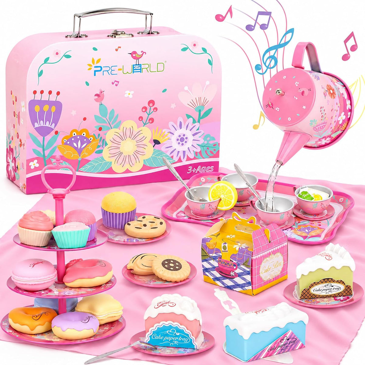 Juego de fiesta de té para niños de 3 a 5 años, PRE-WORLD juego de té musical para niñas pequeñas con postres, galletas, donas, pastel, soporte para pastel, mantel y estuche de transporte, juguetes de
