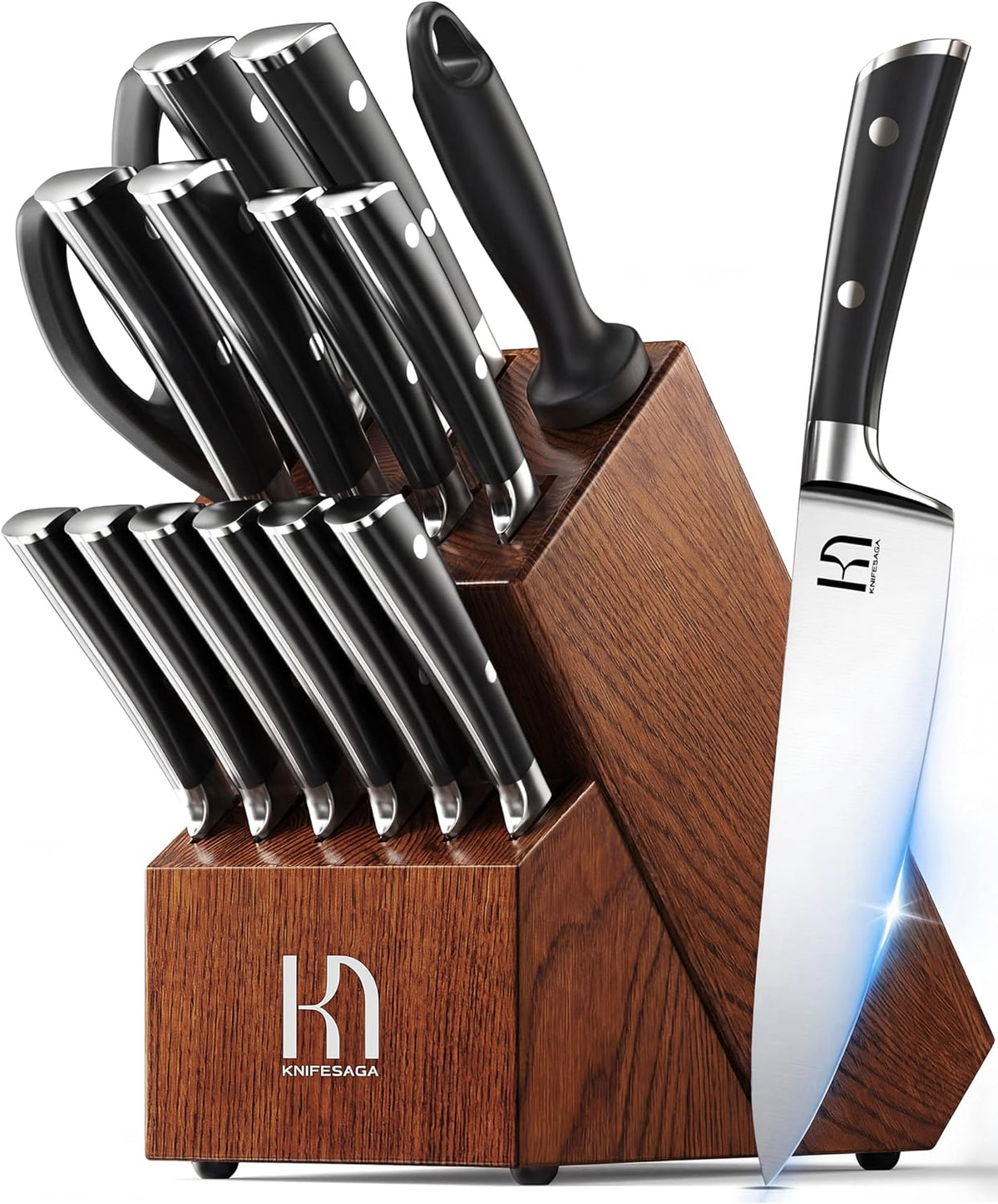 KnifeSaga - Juego de bloques de cuchillos de 15 piezas con afilador, espiga