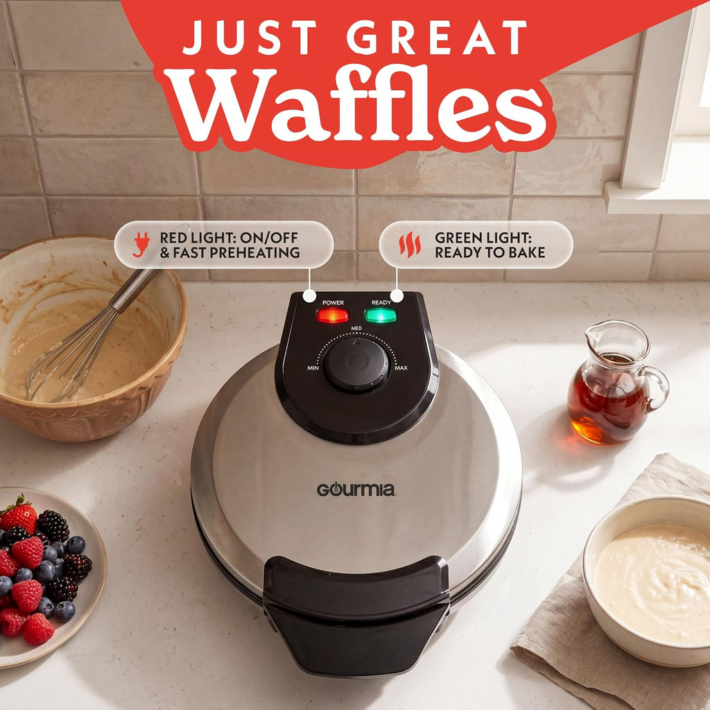 Gourmia - Máquina de waffles belga con control de tostado ajustable, placas antiadherentes, luces indicadoras de lista y potencia, almacenamiento vertical compacto, asa de tacto frío
