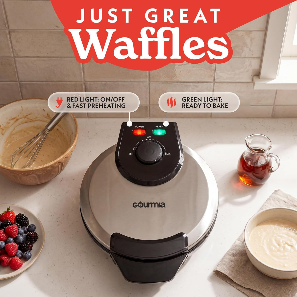Gourmia - Máquina de waffles belga con control de tostado ajustable, placas antiadherentes, luces indicadoras de lista y potencia, almacenamiento vertical compacto, asa de tacto frío