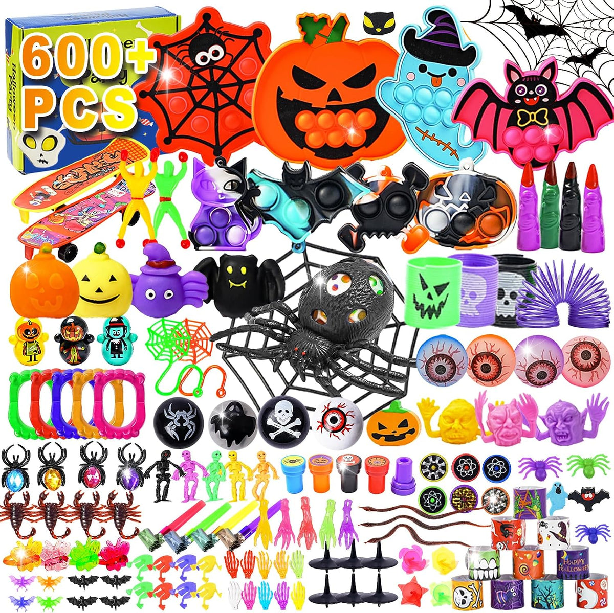 600 piezas de recuerdos de fiesta de Halloween para niños, juguetes para ansiedad a granel, premios para niños, juguetes de Halloween, regalos de golosinas, caja de premios del tesoro de carnaval