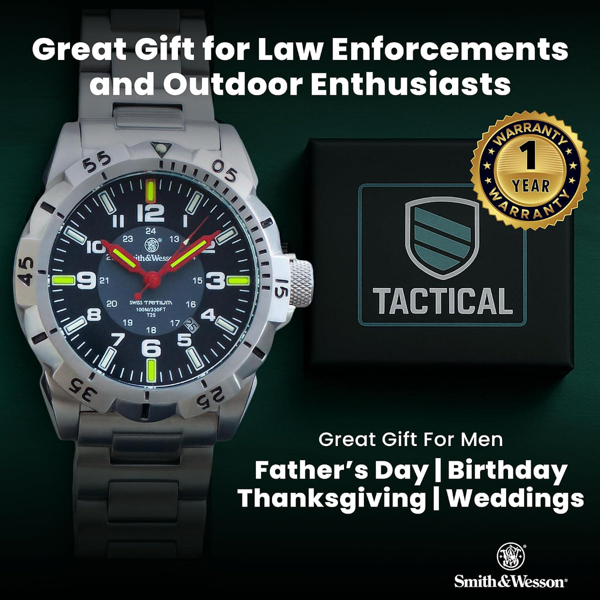 Reloj Smith & Wesson Emissary Swiss Tritium H3 para hombre, caja y correa de acero inoxidable, bisel giratorio, relojes militares duraderos para hombre, 44mm, relojes analógicos para hombre, reloj de