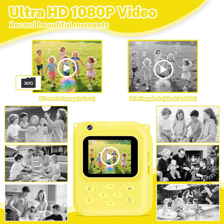 Cámara de impresión instantánea para niños, cámara de video 1080P c...