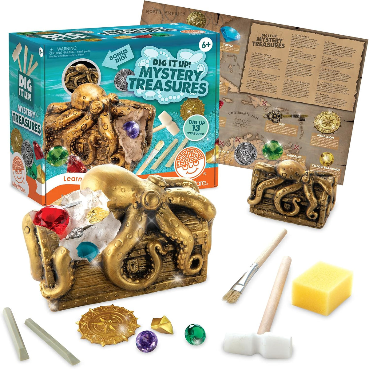 MindWare Dig It Up Discoveries - Cofre del tesoro misterioso pirata para niños, proyecto de descubrimiento gigante para niños - Excavar 13 tesoros - Incluye una excavación adicional, 2 cinceles y 1