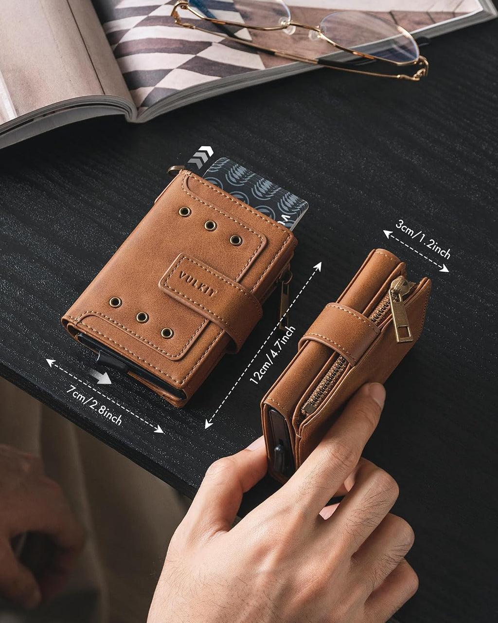 VULKIT - Cartera para hombre con protección RFID con cadena, color marrón