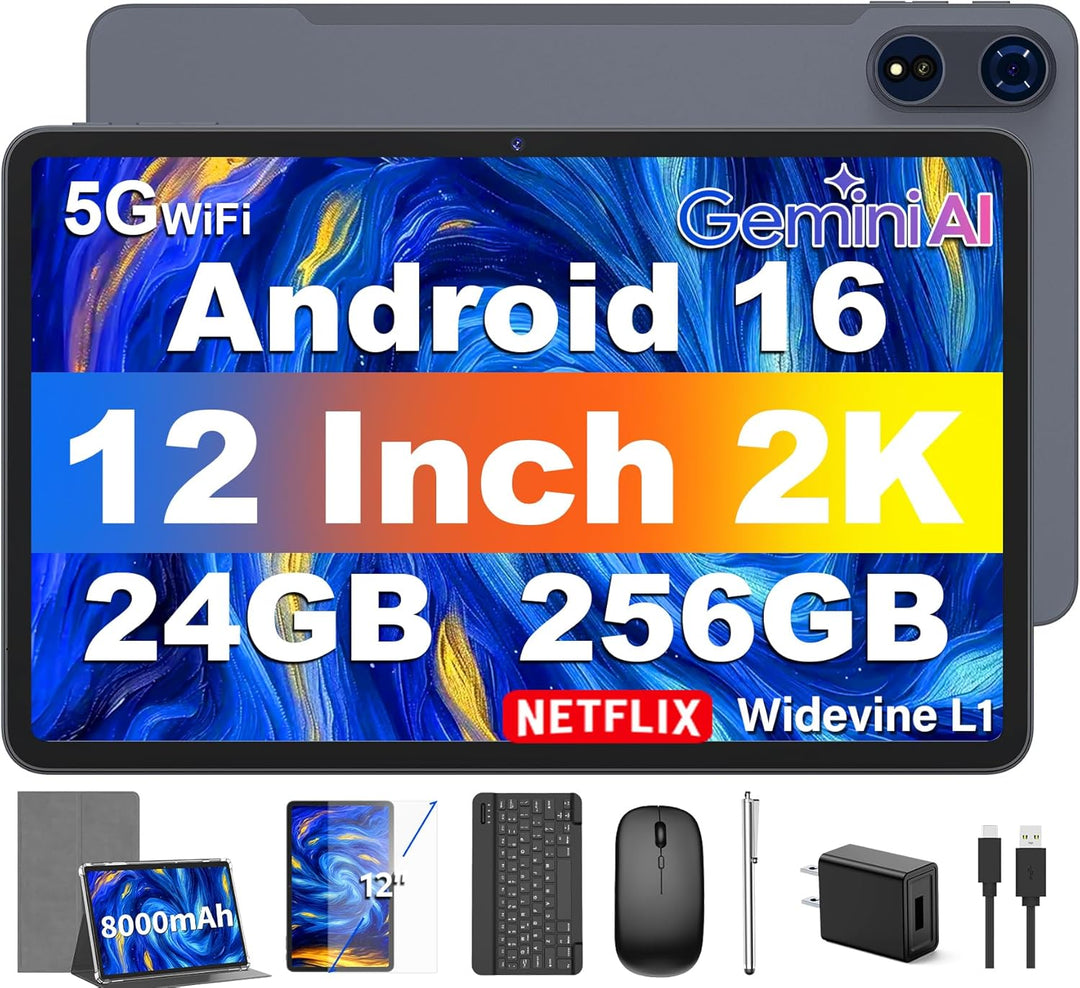 Tableta de 12 pulgadas con teclado, tableta Android 16 con Gemini A...