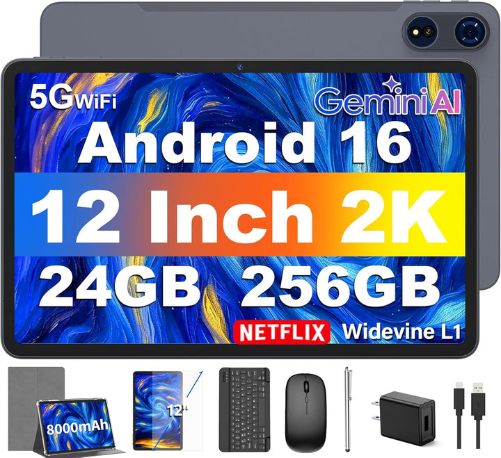 Tableta de 12 pulgadas con teclado, tableta Android 16 con Gemini A...