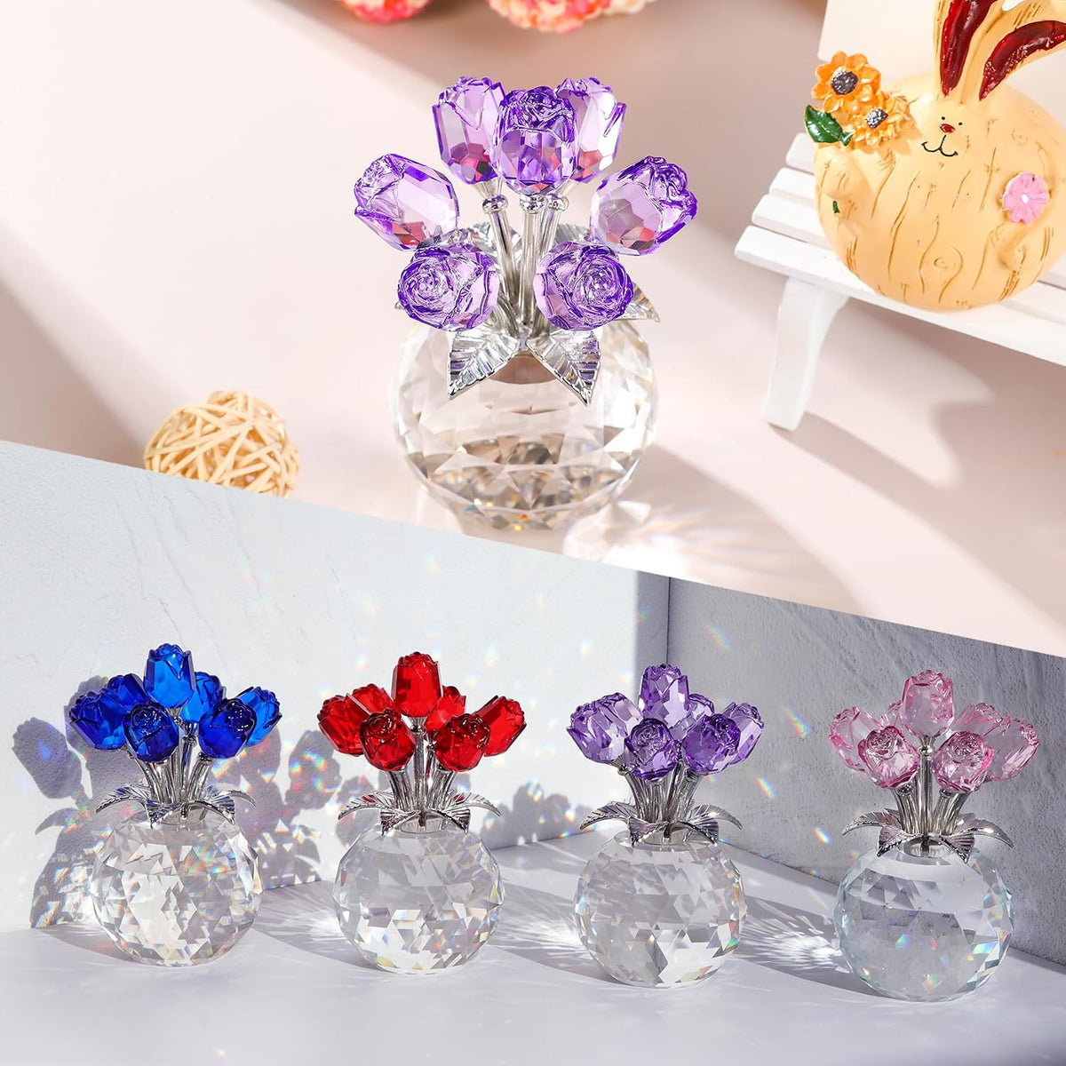 Figuras de Rosas de Cristal, Regalos para Mujeres Día de San Valentín, Adorno Floral de Vidrio para Día de la Madre, Cumpleaños, Navidad, Amatista, Flores de Rosa Coleccionables, Regalos Florales de