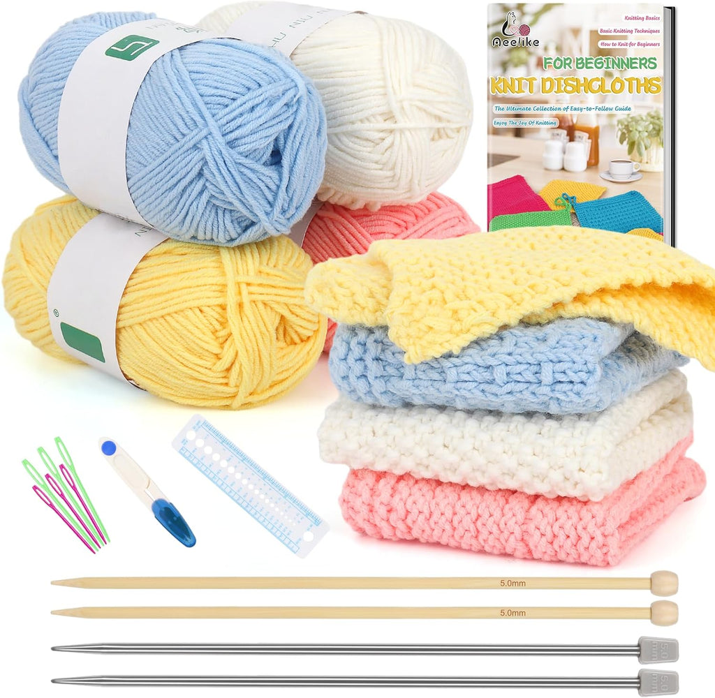 Aeelike Kit de Tejido para Principiantes Adultos, Set Fácil de Tejer Paños de Cocina, Color B