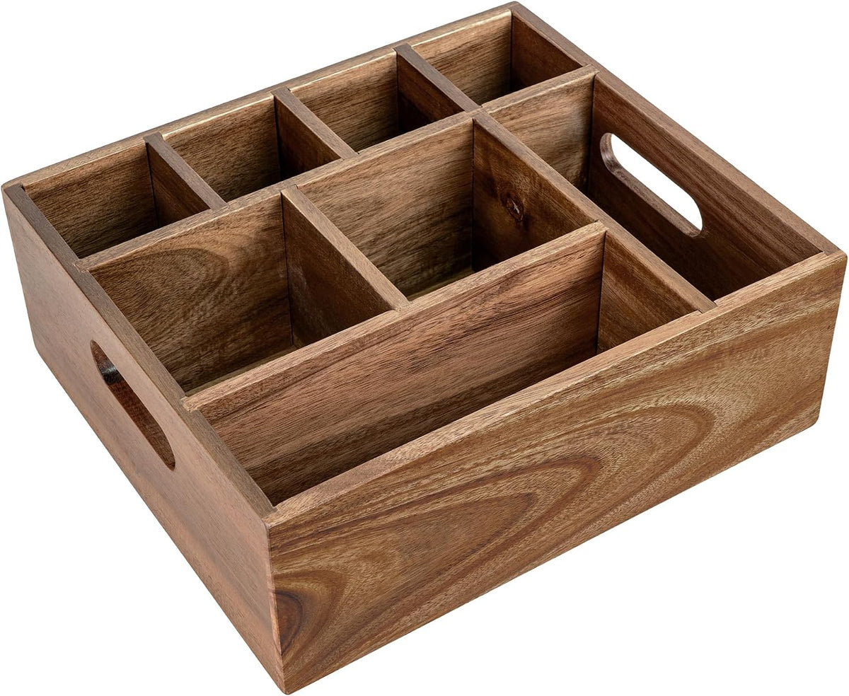 VaeFae Organizador Caddy de Madera de Acacia, Soporte para Servilletas y Platos de Papel, Soporte para Utensilios de Madera, Caddy de Cubiertos para Cocina, Camping, Fiesta