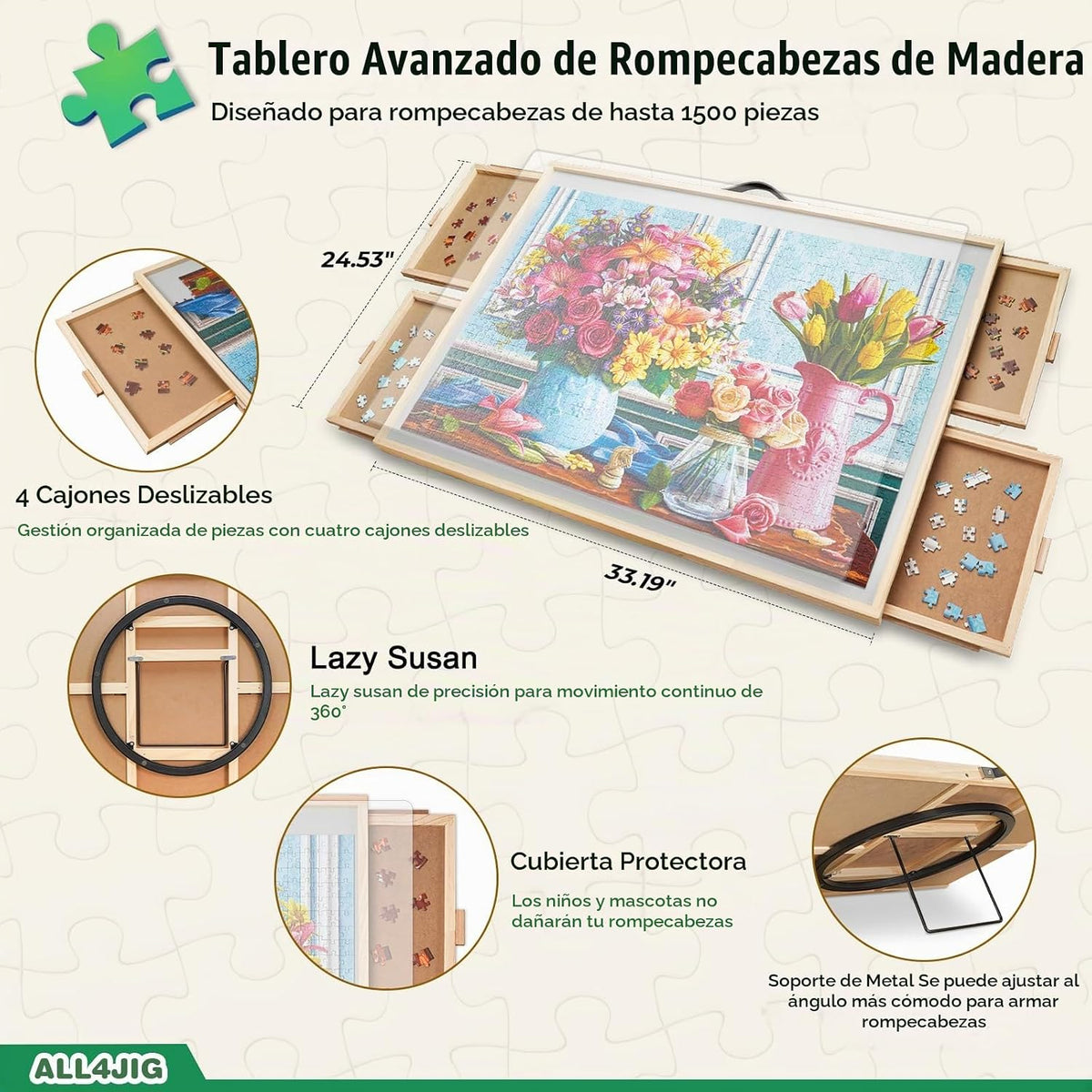 ALL4JIG - Tabla de rompecabezas inclinable y giratoria 2 en 1, 1500 piezas, mesa de rompecabezas de ángulo ajustable de 33.19 x 24.53 pulgadas con 4 cajones y cubierta protectora transparente, regalo