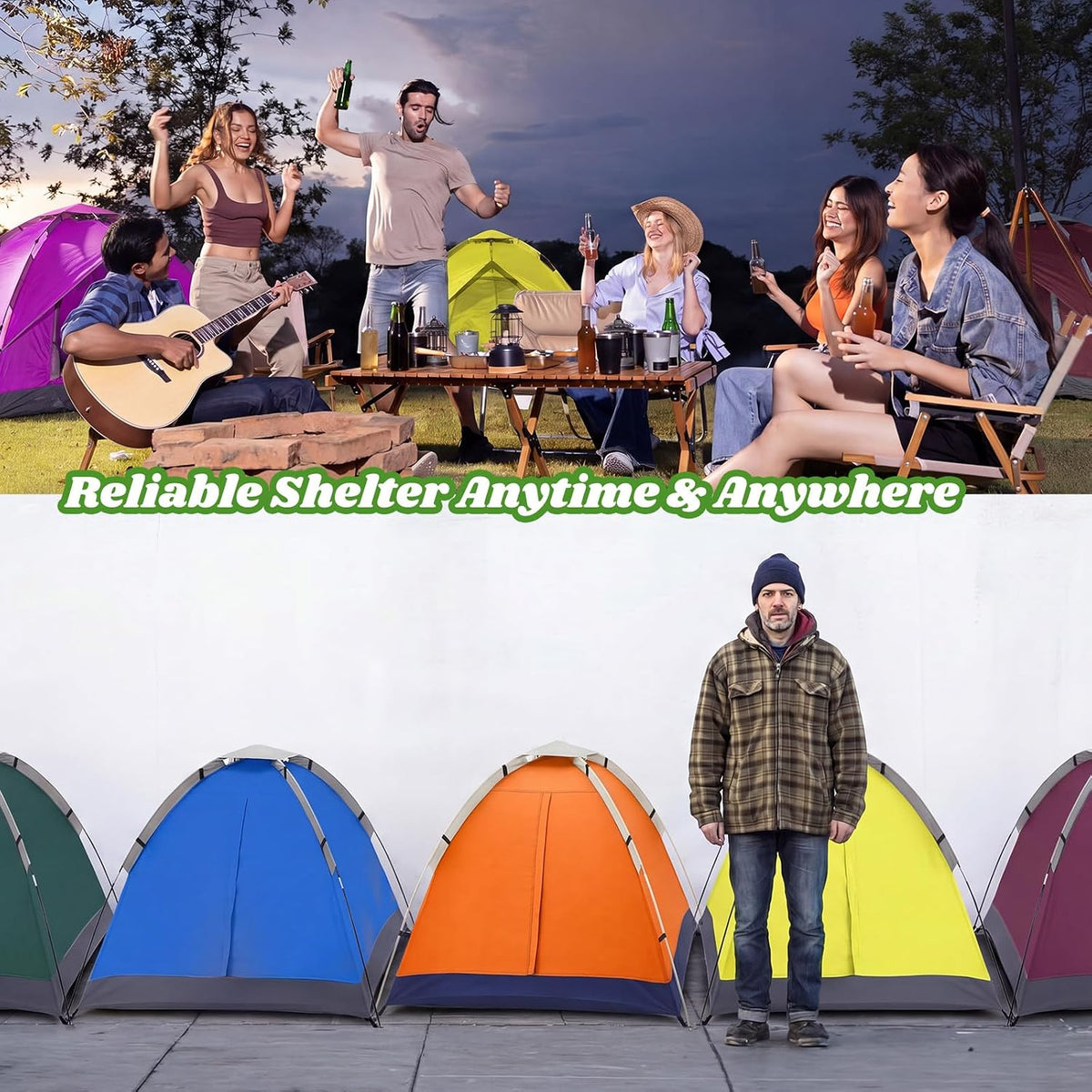 Woanger Paquete de 12 tiendas de campaña a granel para 2 personas para personas sin hogar, tienda de campaña ligera al aire libre con mosca de lluvia y bolsa de transporte, instalación impermeable a