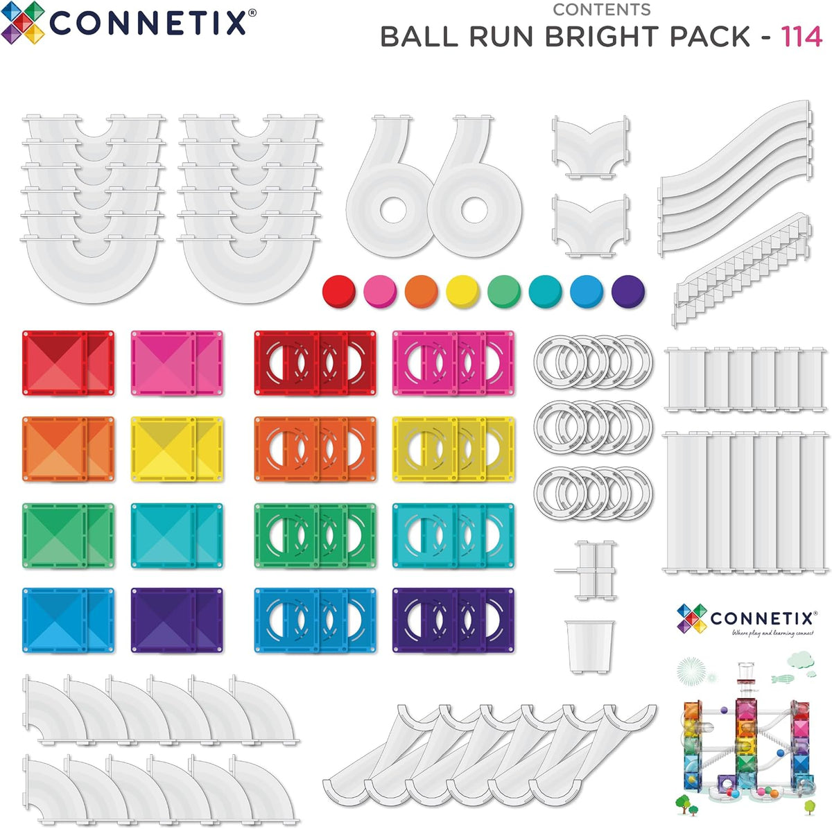 CONNETIX Magnetic Tiles Bright Ball Run Pack, 114 piezas