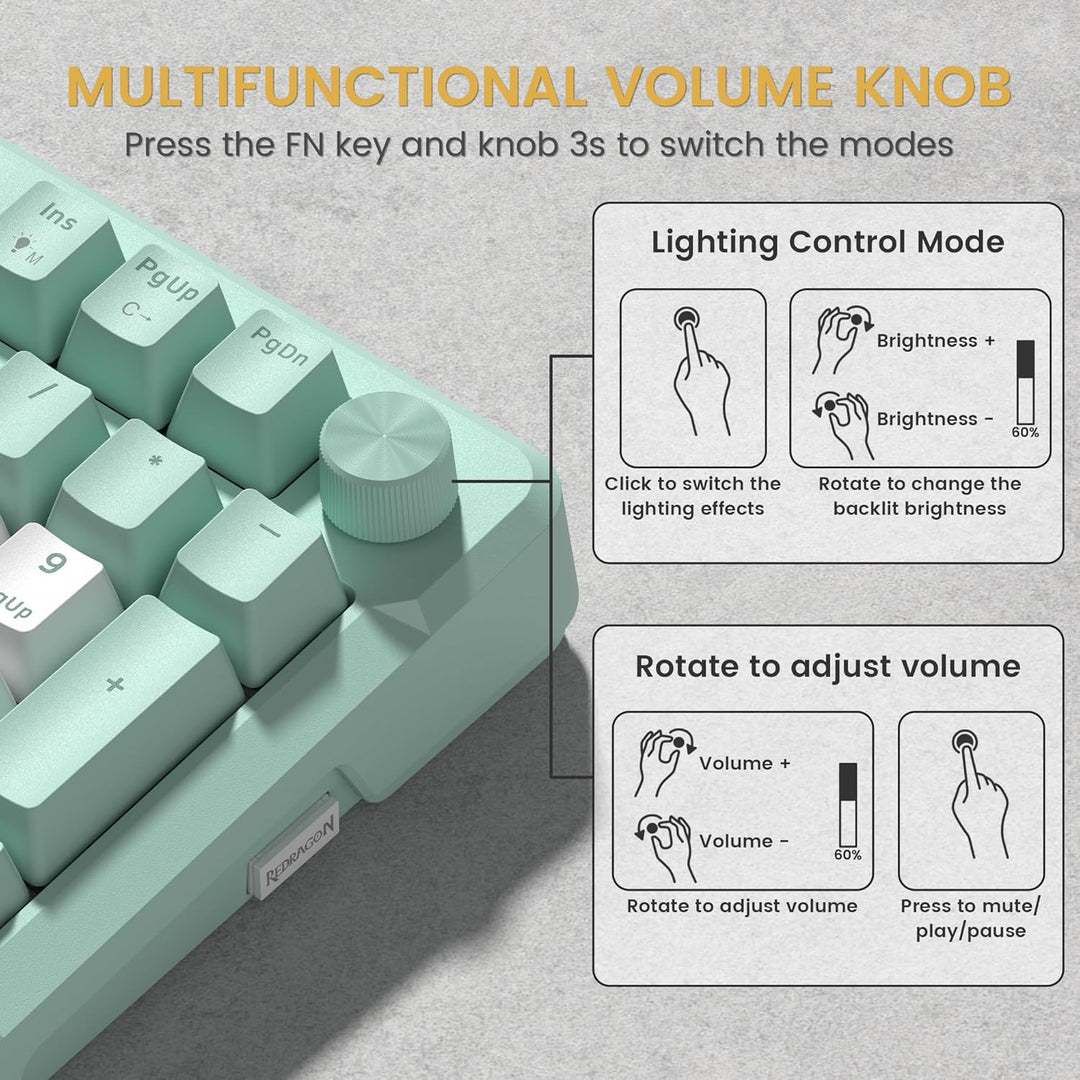 Redragon K742 Teclado mecánico inalámbrico para juegos con perilla,...