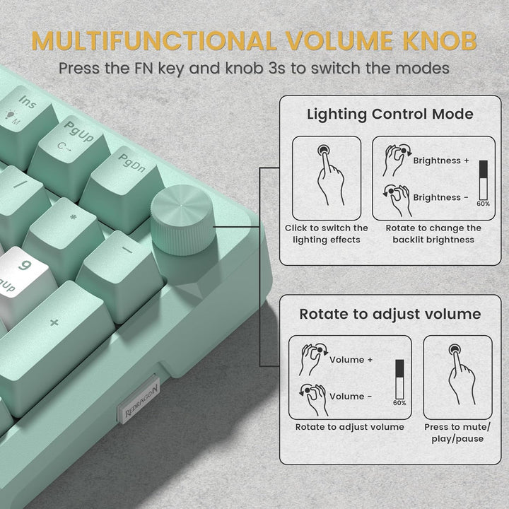 Redragon K742 Teclado mecánico inalámbrico para juegos con perilla,...