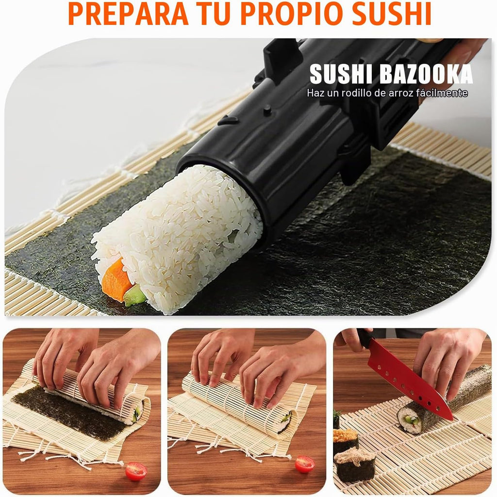 Kit de confección de sushi, juego de 28 en 1 rodillo para sushi con esterillas de bambú, Bazooka para sushi, molde de nigiri/gunkan, moldeador de musubi, molde para bolitas de arroz y más