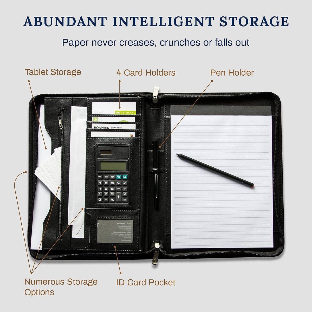 cossini Premium Business portafolios/portadocumentos de piel sintética con cierre y funda interior para tablet de 10.1 pulgadas (Bonos: Libreta de notas, calculadora, bolígrafo y eBook)