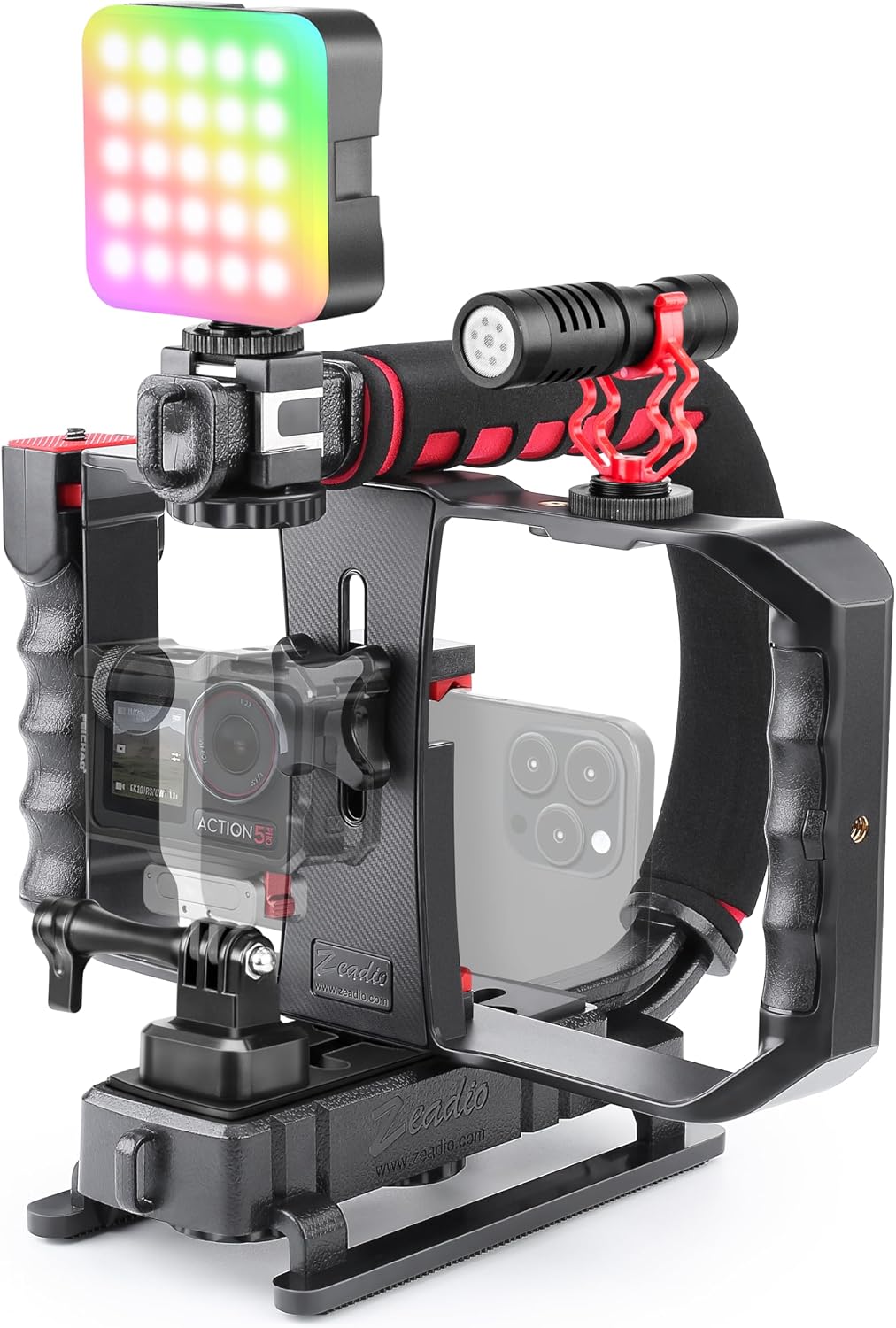 Zeadio Estabilizador de cámara para teléfono inteligente, kit de aparejo de video todo en uno con jaula para teléfono, luz de video RGB, micrófono, adaptador de cámara de acción, compatible con teléfonos inteligentes, cámara de acción, DSLR, cámaras, etc