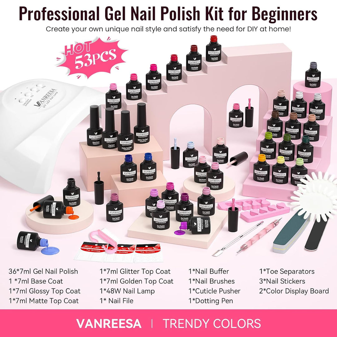 VANREESA Kit de esmalte de uñas de gel con luz UV, 53 piezas, juego...