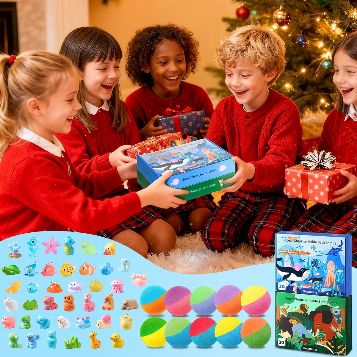 40 bombas de baño para niños con juguetes de animales del océano y la selva, cajas de regalo de doble temática