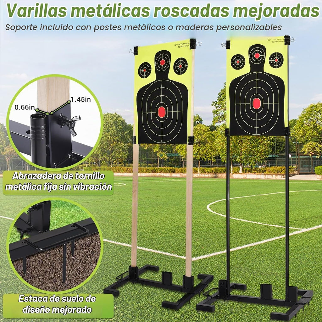 Conjunto de Soporte de Objetivo Ajustable con 10 Blancos de Papel, Dos Opciones de Montaje para Tiro al Aire Libre, Soporte Estable con Postes Metálicos y Clavos de Suelo