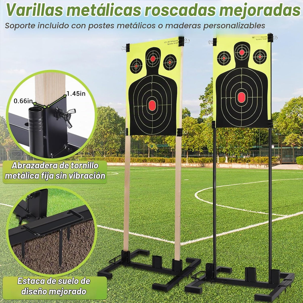 Conjunto de Soporte de Objetivo Ajustable con 10 Blancos de Papel, Dos Opciones de Montaje para Tiro al Aire Libre, Soporte Estable con Postes Metálicos y Clavos de Suelo