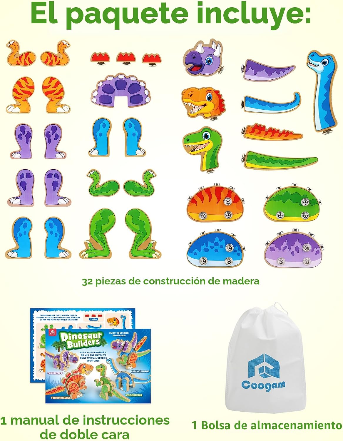 Coogam Construye Tus Propios Dinosaurios de Juguete, Set de Juego de Construcción de Dinosaurios que se Ensamblan, Constructor de Dinosaurios STEM de Madera Desmontable, Juguete de Construcción