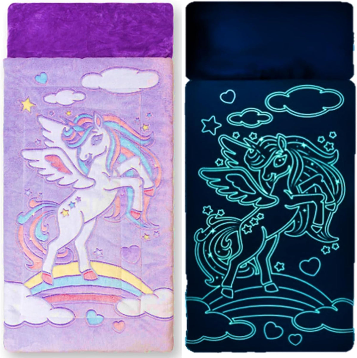 Saco de dormir de unicornio para niños: los sacos de dormir que brillan en la oscuridad son divertidos regalos de unicornio para niñas. Perfecto para fiestas de pijamas, camping, tapete de siesta de felpa para preescolar, con bolsillo para almohada, más
