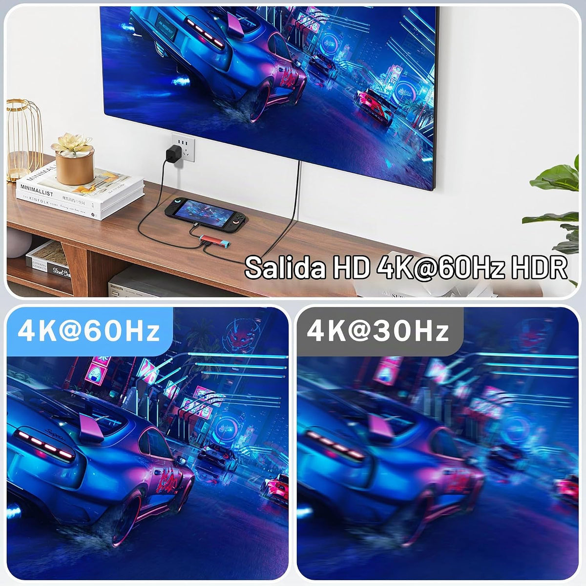 Conmutador USB-C 2, adaptador HDMI 4K @60Hz con puerto PD/USB 3.0/Gigabit Ethernet, base de repuesto para Switch/Switch OLED/Steam Deck/ROG Ally/Xbox Ally/Legion Go