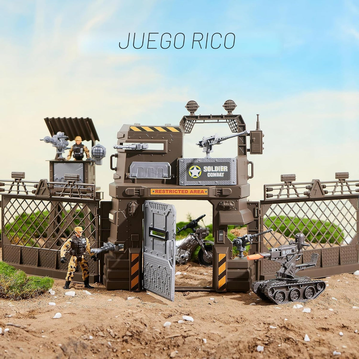 JOYIN Juego de juguetes de base militar que incluye vehículos del ejército, figuras de acción de hombres del ejército y accesorios de equipo de armas, juguetes militares de combate
