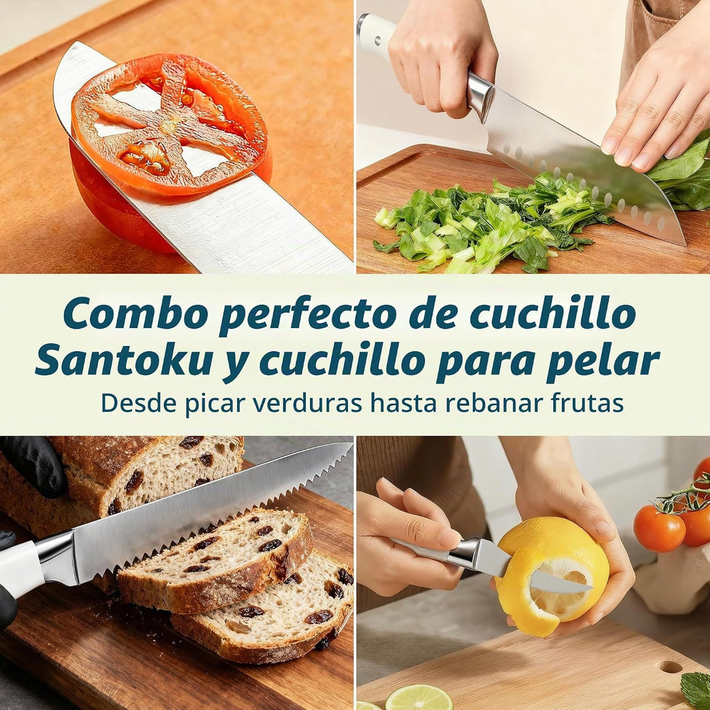 Juego de cuchillos de cocina de acero inoxidable de alto carbono de alta calidad, afilado, mango ergonómico forjado triple remache, juego de cuchillos profesional para cocina, apto para lavavajillas (blanco)