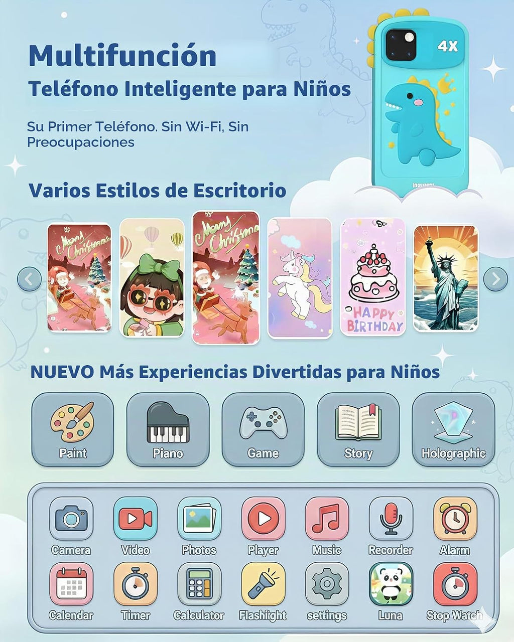 Teléfono inteligente para niños para niños de 3 a 12 años, teléfono de juego táctil de 4" con pantalla, 32GB