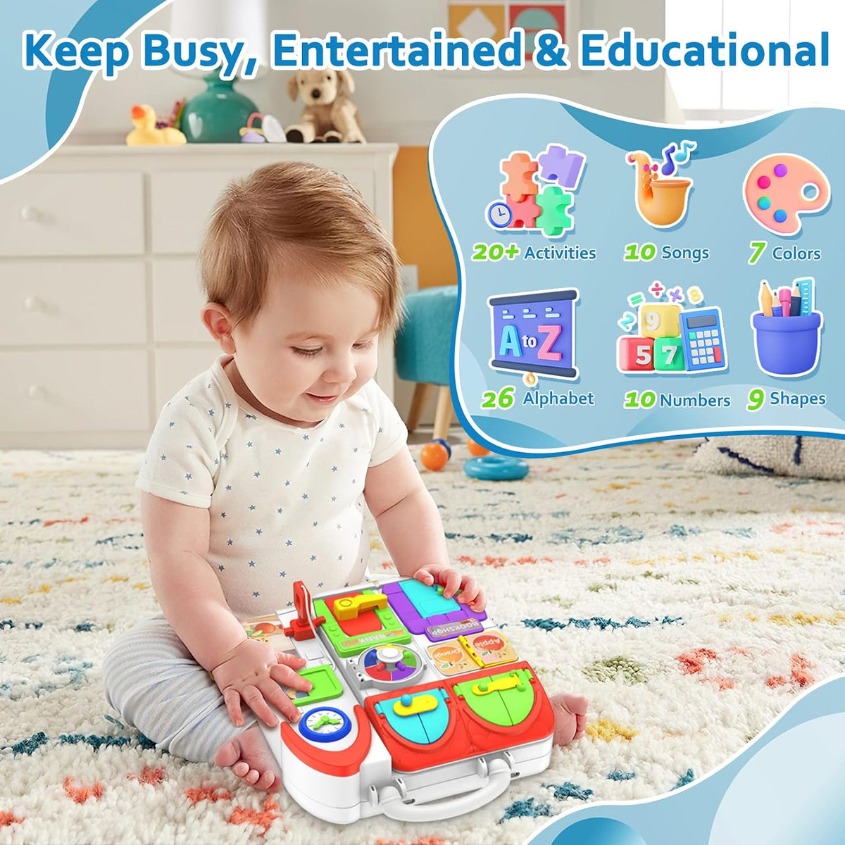 Juguetes para niños pequeños de 1-2 años, tablero ocupado musical Montessori, juguete educativo temprano para niños pequeños de 1-3 años, juguete de desarrollo de habilidades motoras para 12-18 meses