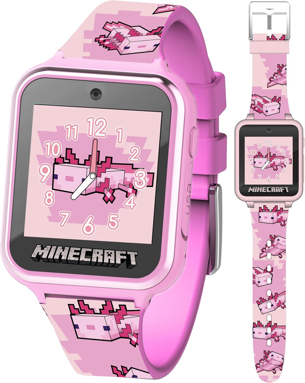 Minecraft - Reloj inteligente para niños, diseño de ajolote rosa, 10 caras de reloj, contador de pasos, cámara selfie, calculadora, juegos, grabadora de voz, alarma y temporizador, correas de silicona