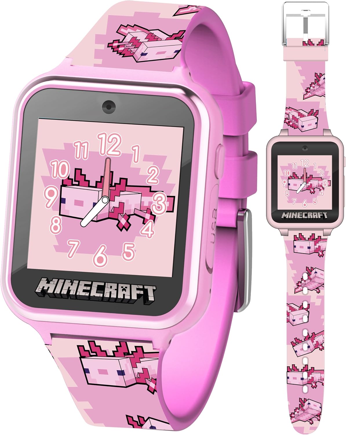 Minecraft - Reloj inteligente para niños, diseño de ajolote rosa, 10 caras de reloj, contador de pasos, cámara selfie, calculadora, juegos, grabadora de voz, alarma y temporizador, correas de silicona
