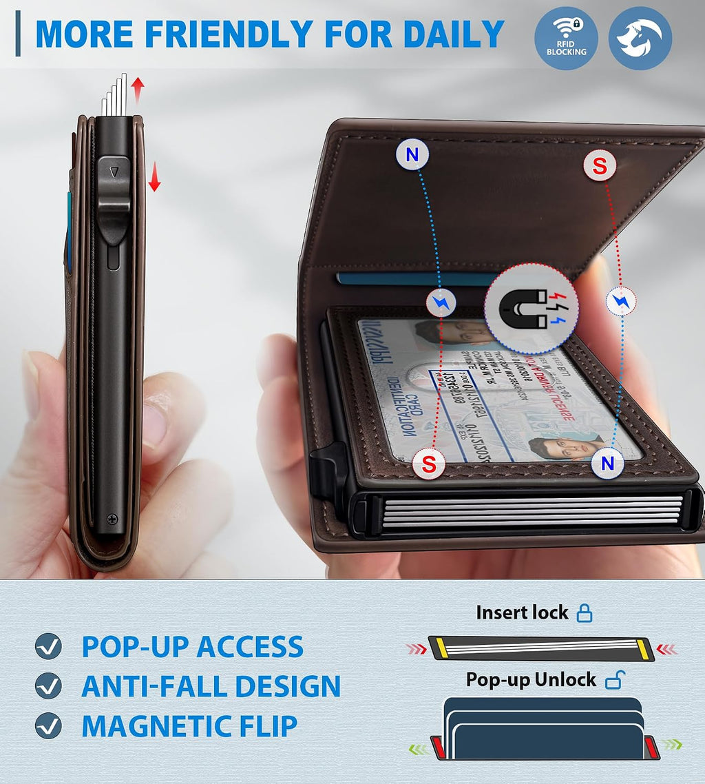 Cartera para hombre, tarjetero desplegable delgado con bloqueo RFID, billetera plegable minimalista con 9 ranuras para tarjetas, ventana de identificación y bolsillo para efectivo, funda de